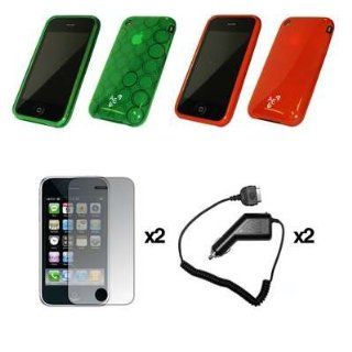 2 Pack of Premium Soft Gel Skin Cover Thermoplastic Guard Cases (Red and Green) + 2 Crytal Clear Screen Protectors + 2 Rapid Car Chargers for Apple iPhone 3G, 3G S Cell Phones & Accessories
