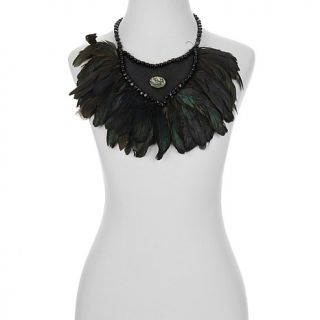 RK by Ranjana Khan Mother of Pearl, Leather and Feather 20" Bib Necklace