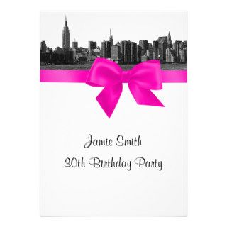 NYC Wide Skyline Etched BW Hot Pink Birthday Party Personalized Invitations