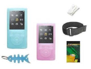 6 Items Accessory Combo for Sony E Series Walkman (NWZ E353 & NWZ E354) Includes Two Silicone Skin Case Cover (One Pink and One Blue), Armband, Belt Clip, LCD Screen Protector and Fishbone Style Keychain   Players & Accessories