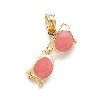 14k Gold Beach Novelty Necklace Charm Pendant, Pink Enamel Sunglass Moveable Million Charms Jewelry