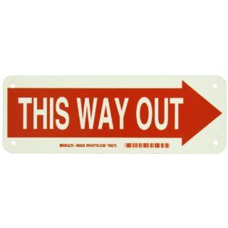 Brady 80029 3.5" Height, 10" Width, B 347 Glow In The Dark Plastic, Red On Green Color Glow In The Dark Exit And Directional Sign, Legend "This Way Out (With Picto)" Industrial Warning Signs