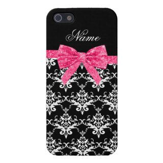 Custom name black white damask pink glitter bow case for iPhone 5
