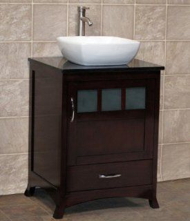 24" Bathroom Vanity Cabinet Black Stone Top Vessel Sink TR7 