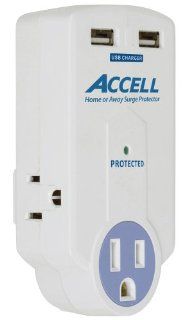 Accell D080B 010K Travel Surge Protector with 612 Joules Dual USB Charging, 3 Outlets and Folding Plug   White Electronics