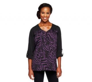Belle Gray by Lisa Rinna Roll Tab Sleeve Printed Tunic with Pockets —