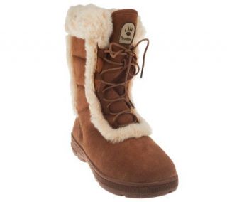 Bearpaw Suede Lace up Boots with Sheepskin Trim Detail —