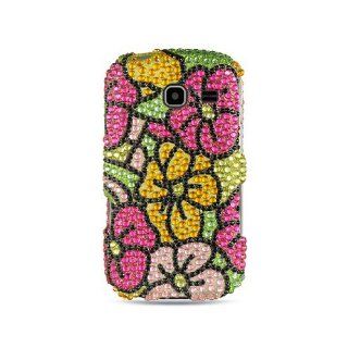 Green Pink Hawaiian Flower Bling Gem Jeweled Crystal Cover Case for Samsung Comment Freeform III 3 SCH R380 Cell Phones & Accessories