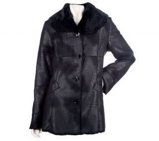 Dennis Basso Croc Embossed Faux Shearling Button Front Coat —
