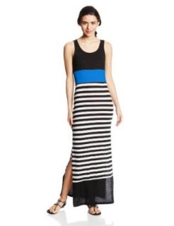 Derek Heart Juniors Side Slit Printed Stripe Maxi Dress, Blue Combo, Medium