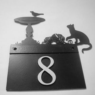cat and bird house number plate by black fox metalcraft