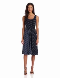 Three Dots Women's Stripe Drawstring Tea Length Dress, Blue Steel, Small