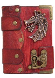 Handmade Chinese Dragon Head Pendant On A Red Leather Journal With Lock / Diary / Sketchbook / Leatherbound  Notepads 
