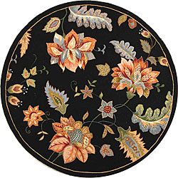 Hand hooked Botanical motif Black Wool Rug (56 Round)