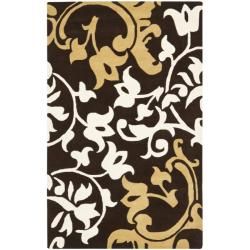 Handmade Silhouettes Brown Intricate Floral New Zealand Wool Rug (96 X 136)