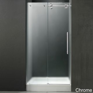 Vigo 60 inch Frameless Center Drain Right sided Shower Door 0.375 inch Frosted Glass With White Base