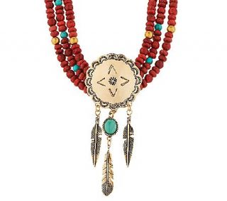 American West Red Coral & Turquoise Bead Brass Feather Necklace —