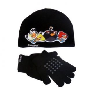 Angry Birds Hat Set Boys Black Angry Bird Beanie Winter Hat Gloves Stocking Cap Clothing