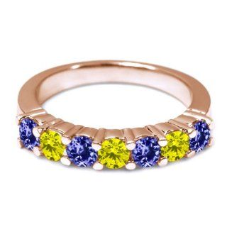 1.17 Ct Round Blue Tanzanite Canary Diamond 14K Rose Gold Wedding Band Ring Jewelry