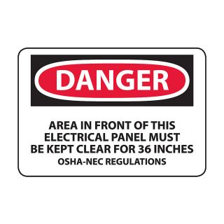 Osha Compliance Danger Sign   Danger (Area In Front Of This Electrical Panel Must Be Kept Clear For 36 Inches Osha Nec Regulations )   Self Stick Vinyl