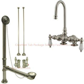 Satin Nickel Deck Mount Clawfoot Tub Faucet Package Supply Lines & Drain   Bathtub Faucets  