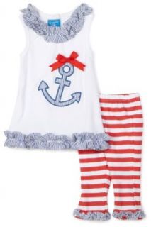 Mud Pie Baby Boathouse 2pc Anchor Tunic & Striped Leggings Set, White/Blue/Red, 2 3T Clothing