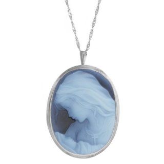 Sterling Silver Italian Blue Agate Mother and Baby Cameo Pin Pendant Necklace, 18" Jewelry