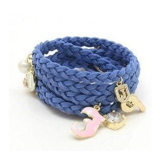 niceEshop(TM) Fashion Leather Woven Bracelet with Charms Blue Jewelry