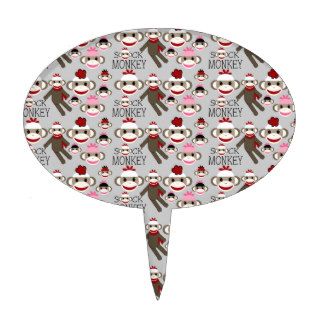 Cute Red and Pink Sock Monkeys Collage Pattern Cake Pick