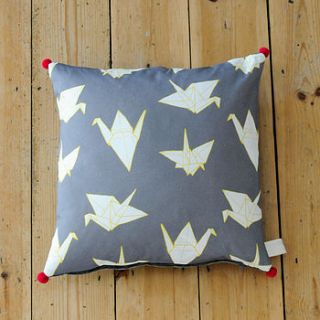 cranes pom pom square cushion by sparrow + wolf