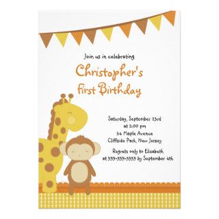 Cute Jungle Giraffe & Monkey Birthday Party Invitation