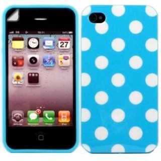 Polka Gel Case Cover Skin And LCD Screen Protector For Apple iphone 4 4S / White Polka Dot Spots Baby Blue Cell Phones & Accessories