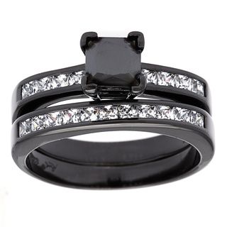 Sterling Essentials Black Rhodium plated Silver Princess cut Black CZ Engagement Ring Set Sterling Essentials Cubic Zirconia Rings