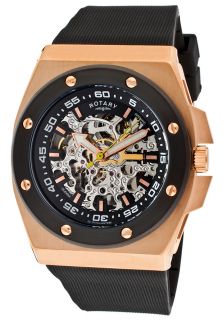 Rotary 614C  Watches,Mens Editions Automatic Skeletonized Silver/Black Dial Rose Gold Tone IP Case Black Rubber, Casual Rotary Automatic Watches