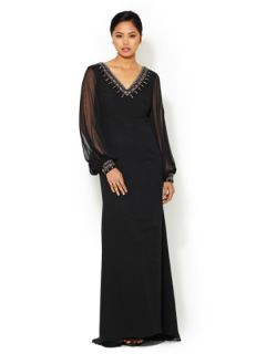 Beaded Silk Chiffon Long Sleeve Gown by Notte By Marchesa