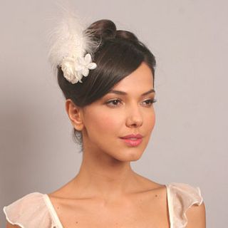 bridal rose, pearl and feather fascinator by aurora rose bridal