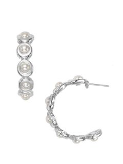 Oval Mesh Silver & White Pearl Hoop Earrings by SLANE