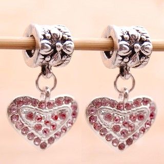 Silverplated Pink Crystal Heart Charm Beads (Set of 2) Charms