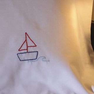 hand embroidered boat pillowcase by mudpies and butterflies