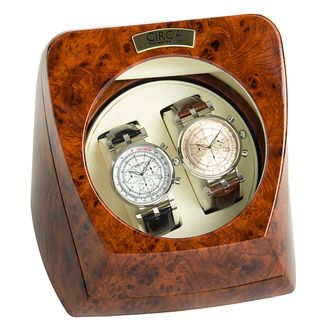 Circa Burl Wood Look Finish 4 Setting Double Watch Winder with Off White Leather Circa Watch Winders