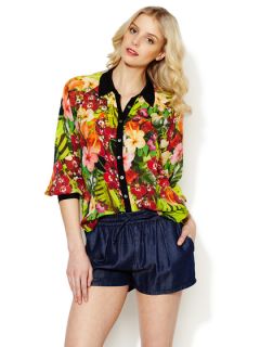 Tropical Orchid Print Silk Blouse by Cluny