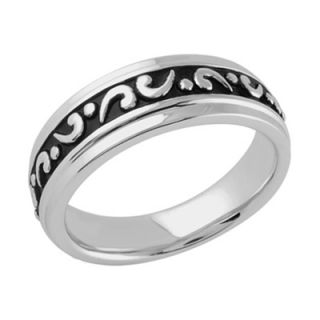 Mens Scrolled Wedding Band in Sterling Silver with Black Enameling