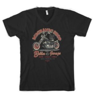 (Cybertela) Mechanic Shop Bobber Garage Men's V neck T shirt Chopper Tee Clothing