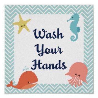 Wash Your Hands Sea Life Kids Poster Print