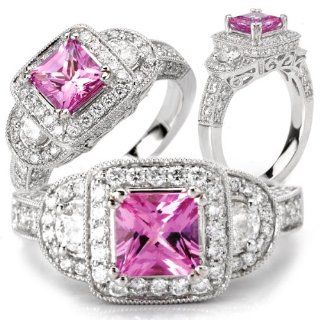 18k Elite Collection created princess cut pink sapphire engagement ring with natural diamond halo Jewelry