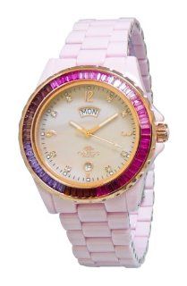 Oniss Paris Women'S ON6201 Lrg Pink "Princess Bello" Rainbow Collection Ladies All Ceramic S/S Bezel with 60 Colors Baguettes Crystals Day/Date Swiss Parts Movement   White Watch Watches