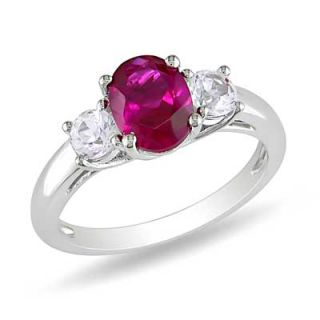 Oval Lab Created Ruby and White Sapphire Three Stone Ring in Sterling