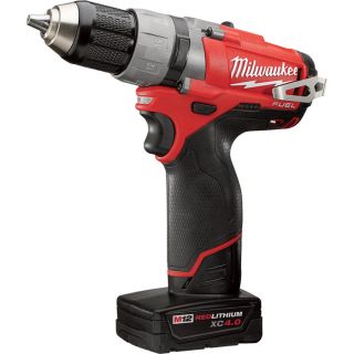 Milwaukee M12 FUEL Cordless Drill/Driver Kit — 1/2in. Chuck, 12 Volt, With 1 Compact 2.0 Ah and 1 Extended Run 4.0 Ah Battery, Model# 2403-22  Cordless Drills