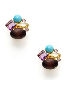 Wood, Turquoise, Quartz, & Amethyst Cluster Earrings by Bounkit