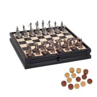 Golf Chess & Checkers Game Set   Pewter Chessmen & Black Stained Wood Board with Storage Drawers 15 in. Toys & Games